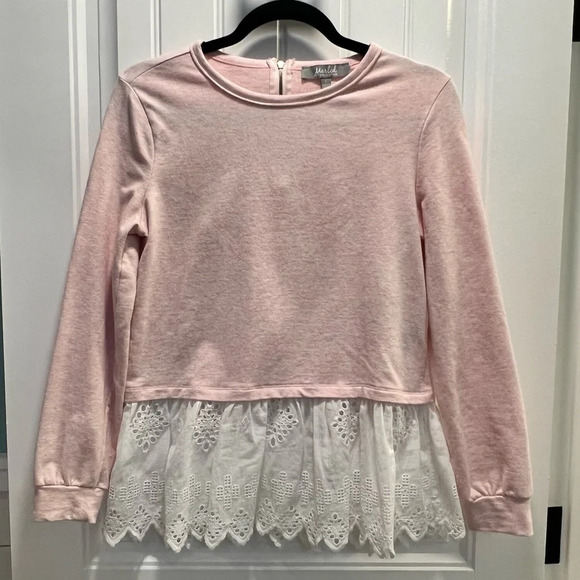 Marled Blush Pink Sweatshirt with Eyelet Lace at Hem. Zippered back.‎ Size Small - Picture 8 of 8